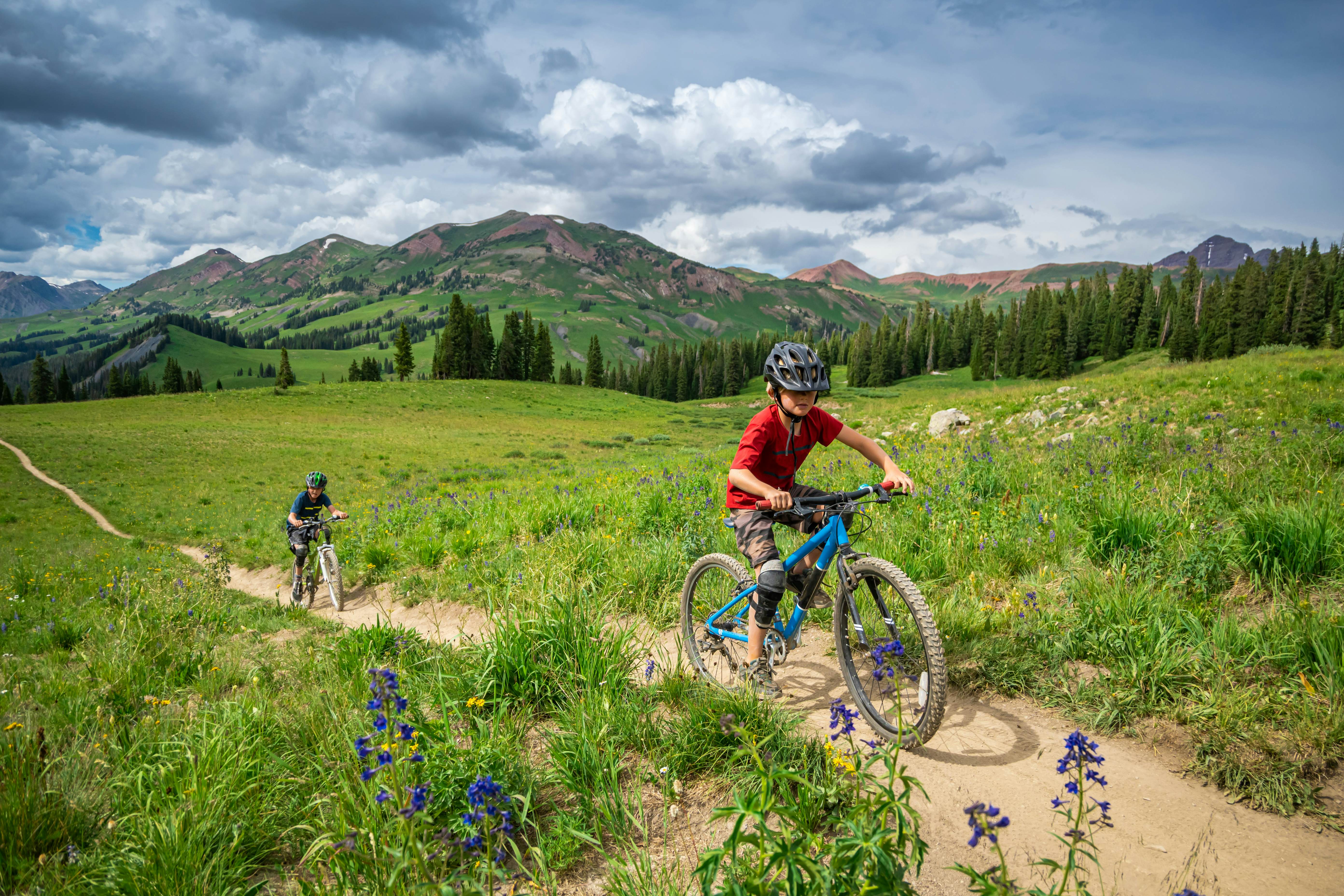 A modern family of bikers, riding on bicycles in Crested Butte, Colorado.